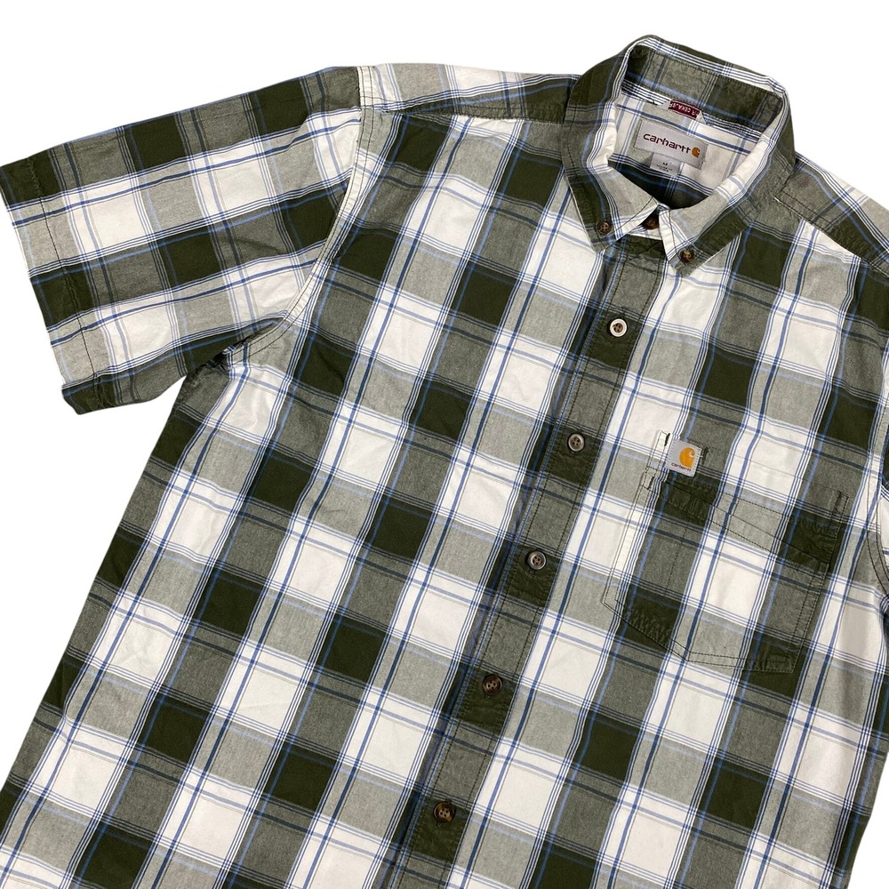 Carhartt Men Short Sleeve Button Down Shirt M Green Plaid Relaxed Fit Work Farm